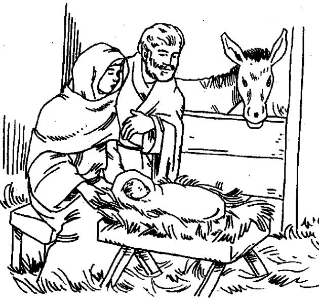 Print Jezus, Maria en Jozef in de stal kleurplaat